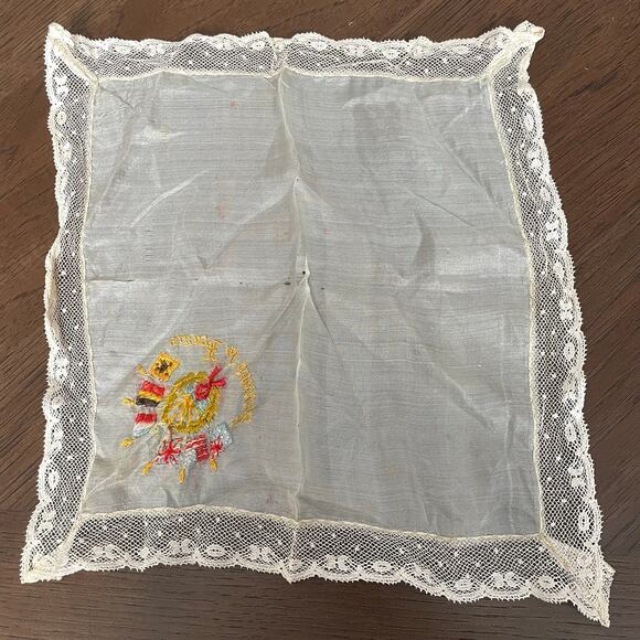 Vintage Accessories - Vintage WWI Souvenir of France Handkerchief Embroider Silk? Lace Edge FLAWED